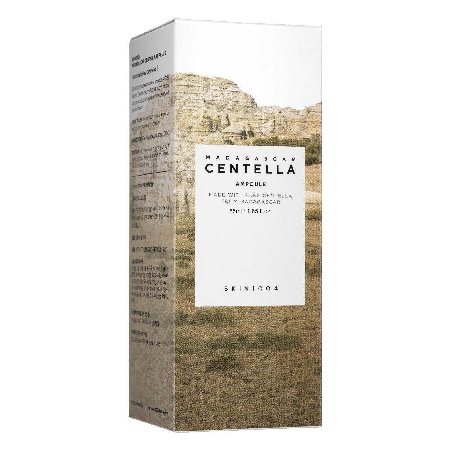 Verpakking voor 'Centella Ampoule' met landschapsafbeelding en productinformatie.