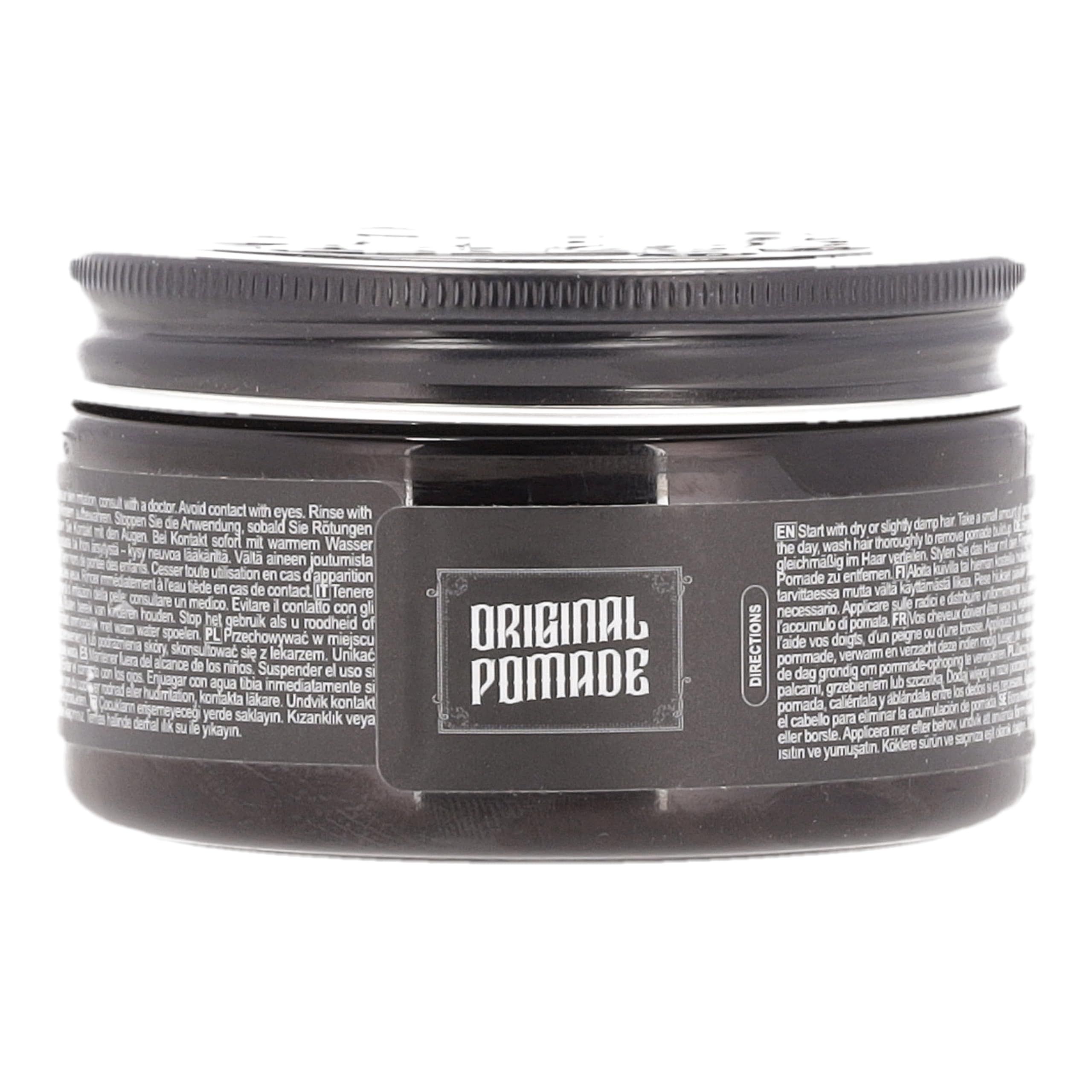 Bocal foncé avec couvercle noir, étiqueté "ORIGINAL POMADE".