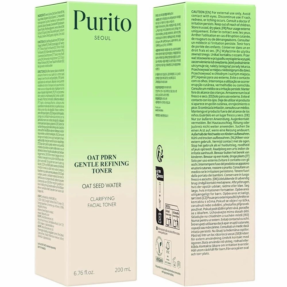 Productverpakking. Opschrift: Purito, Oat PDRN Gentle Refining Toner, Clarifying Facial Toner. Met waarschuwingen.