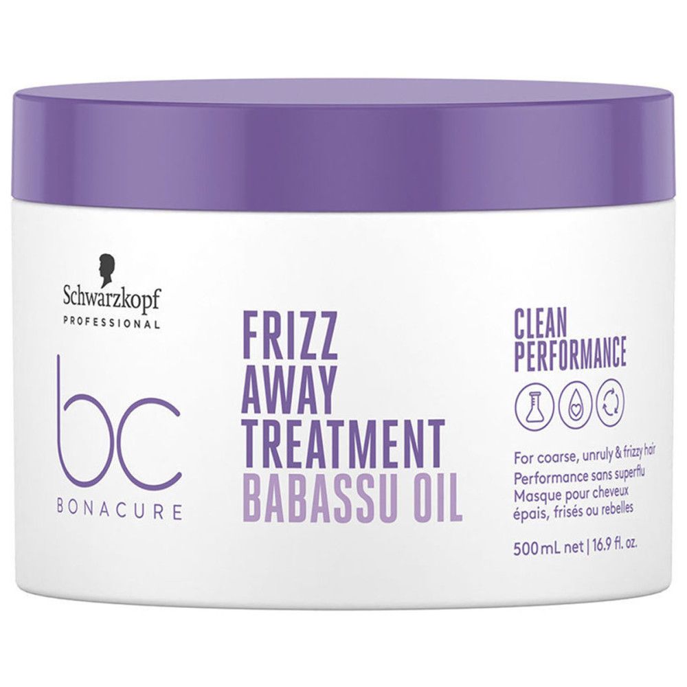 Pot blanc avec couvercle violet. Inscription : Schwarzkopf Professional bc Bonacure Frizz Away Treatment Babassu Oil. 500ml.