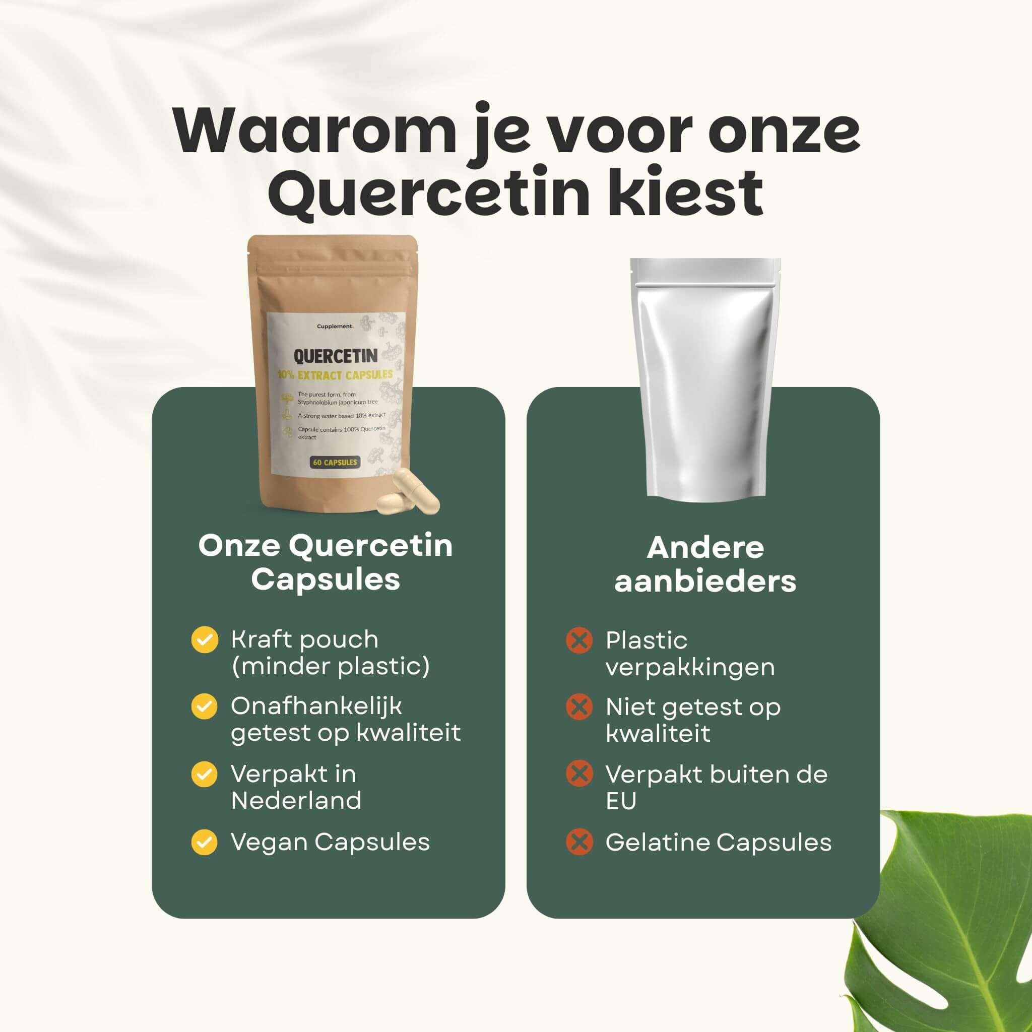 Vergelijking van quercetine capsules en andere aanbieders. Tekst: Kraftzakje, vegan capsules.