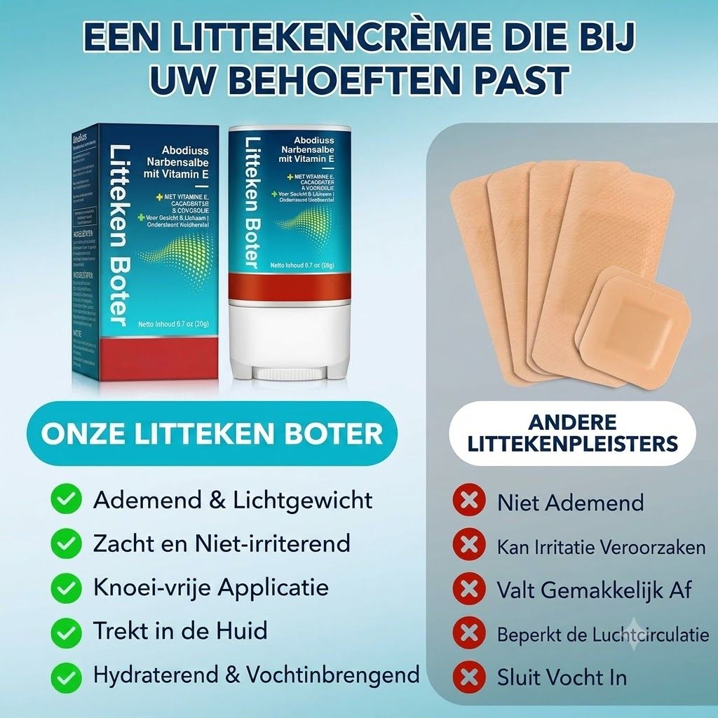 Littekencrème in een dispenser en diverse pleisters in verschillende maten.