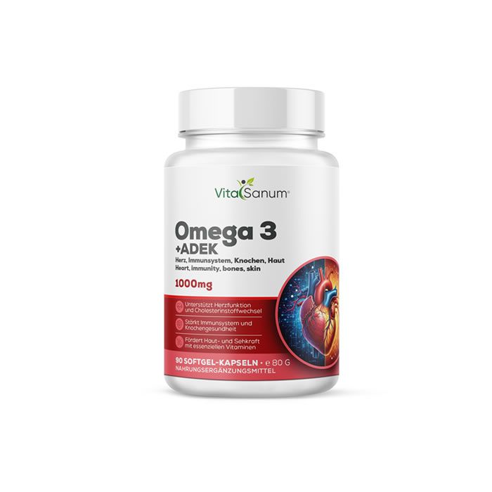 Witte fles VitaSanum Omega 3 + ADEK capsules. Opschrift: Omega 3 + ADEK, 1000mg. Illustratie van een hart. 90 softgel capsules.