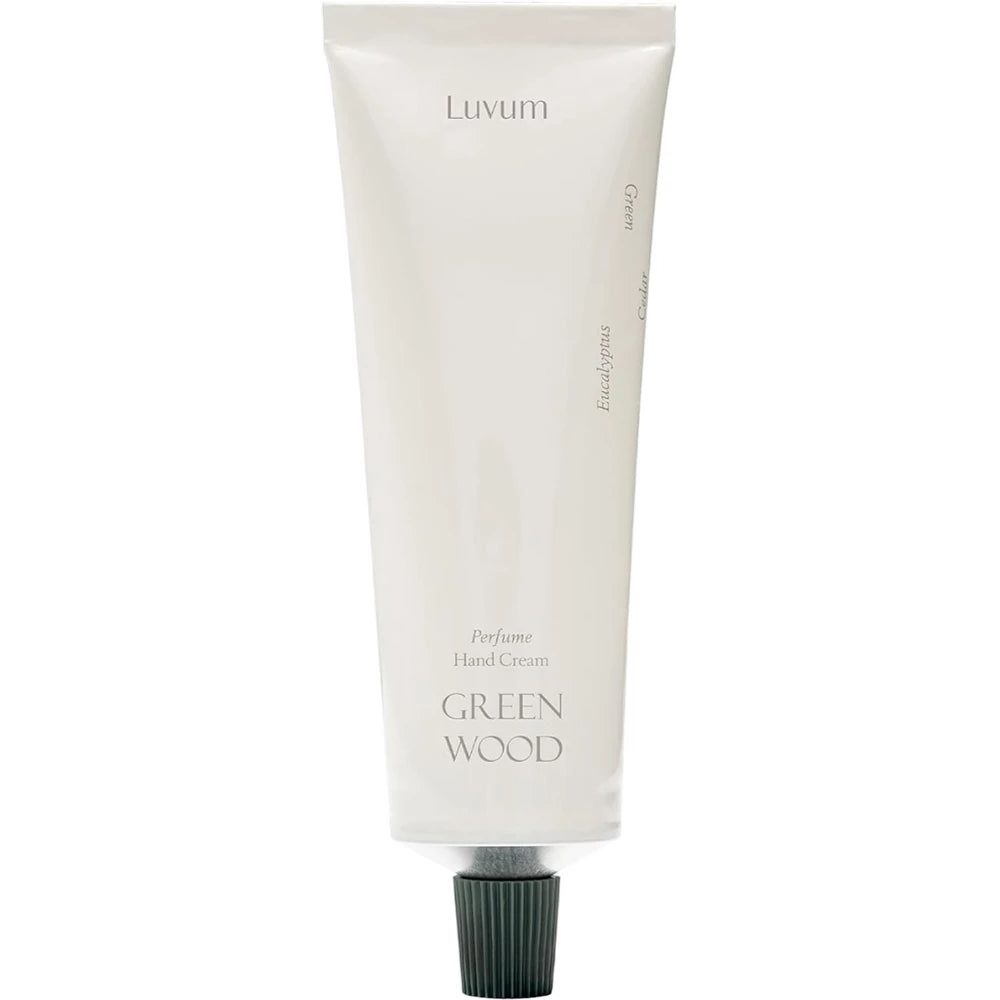 Witte tube met zwarte dop. Tekst: Luvum, Perfume Hand Cream, Green Wood.