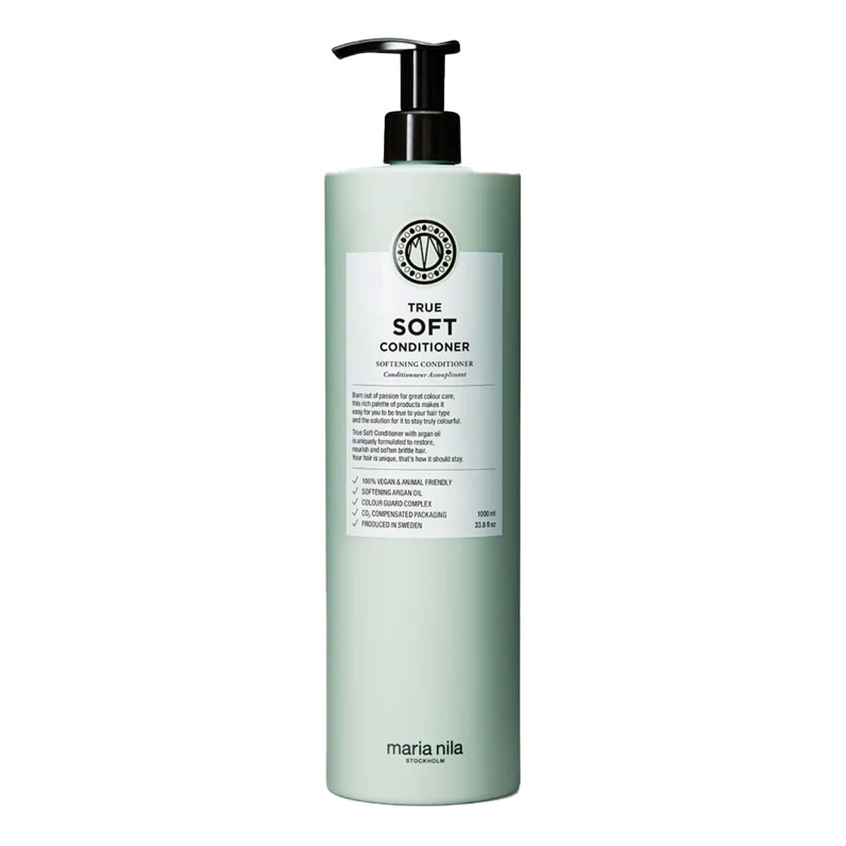 Lichtgroene fles met pomp, Maria Nila True Soft Conditioner.