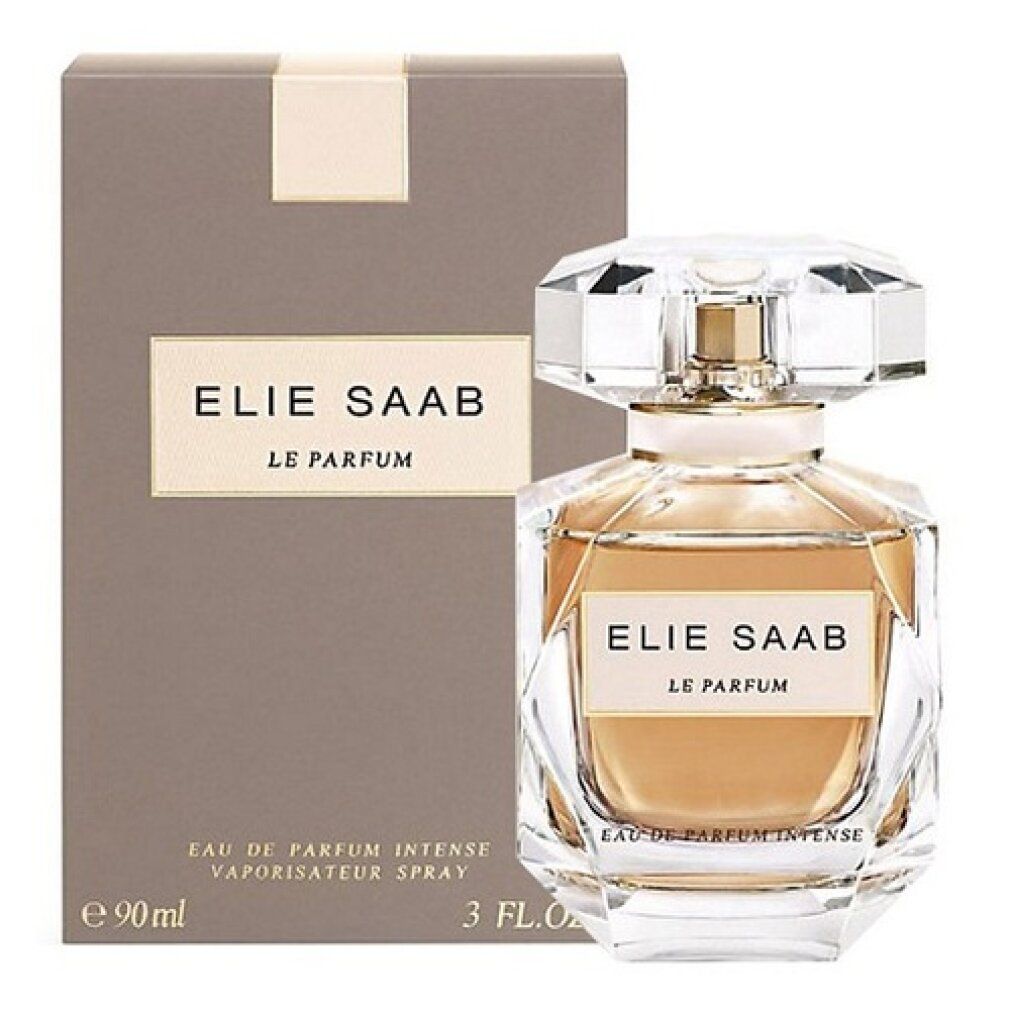 Emballage et flacon de parfum. Flacon avec ELIE SAAB LE PARFUM. Inscription. Flacon avec liquide doré.