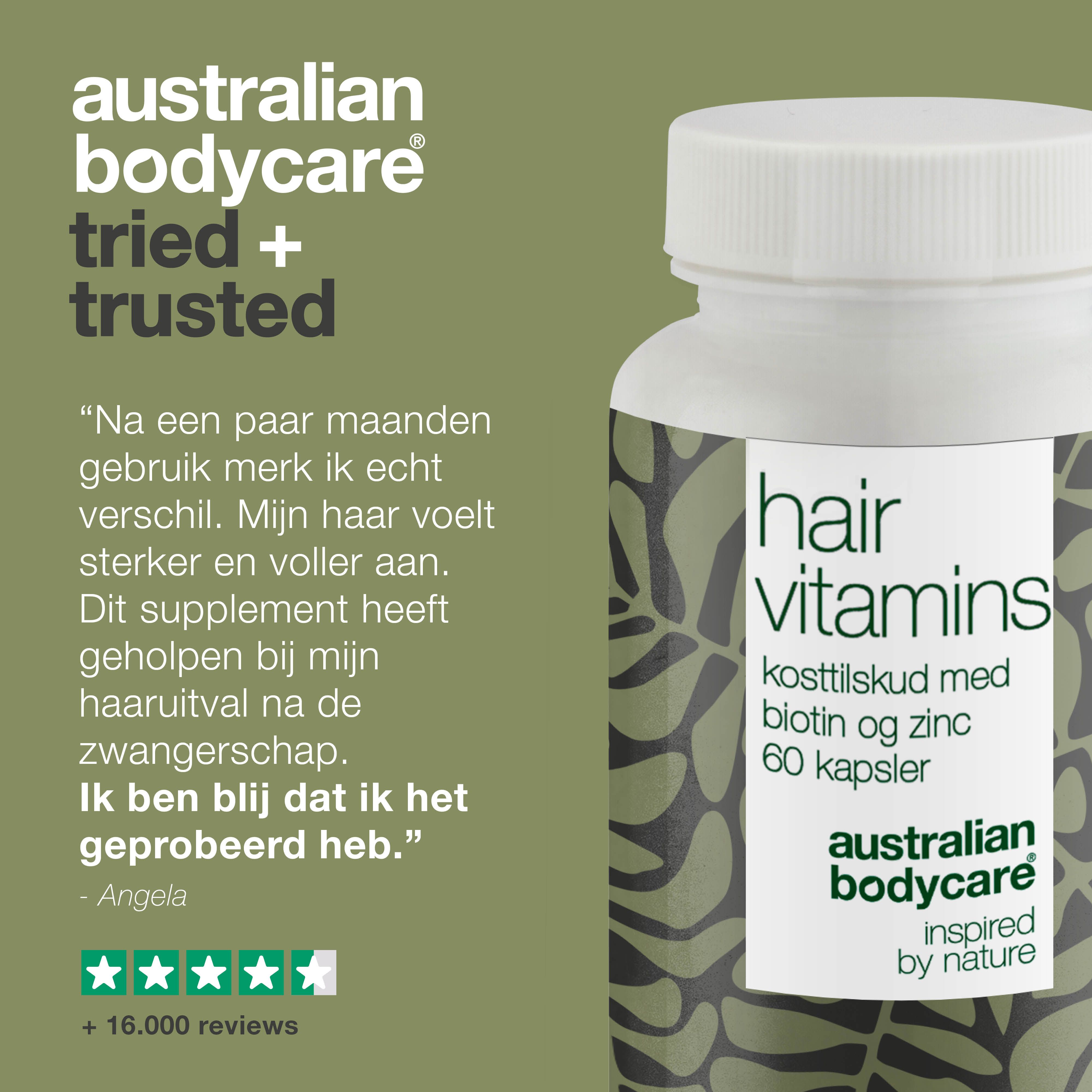 Haaroverzicht met tekst. Rechts: fles met capsules. Opschrift: Hair Vitamins, biotine en zink. Merk: Australian Bodycare.