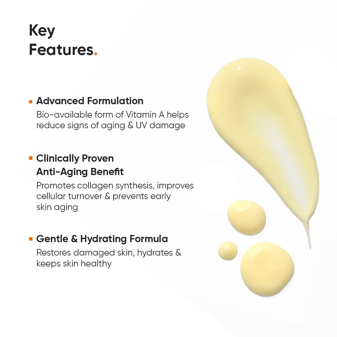 Gele crèmedruppels. Tekst: Advanced Formulation, Clinically Proven Anti-Aging Benefit, Gentle & Hydrating Formula.