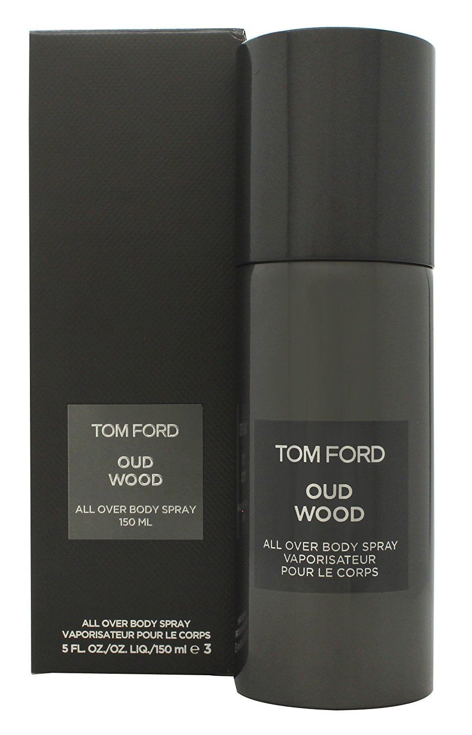 Donkergrijze spuitfles en doos. Opschrift: Tom Ford Oud Wood All Over Body Spray. 150 ml.