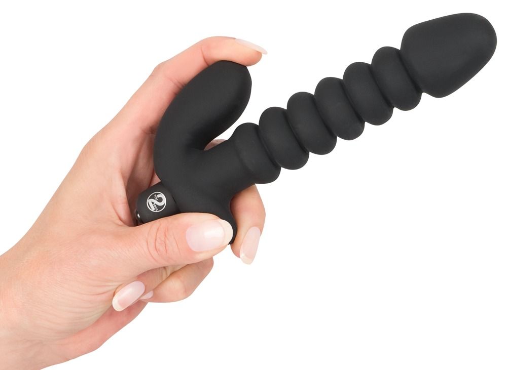 Zwarte vibrator, geribbelde schacht en gebogen handvat, geïsoleerd.