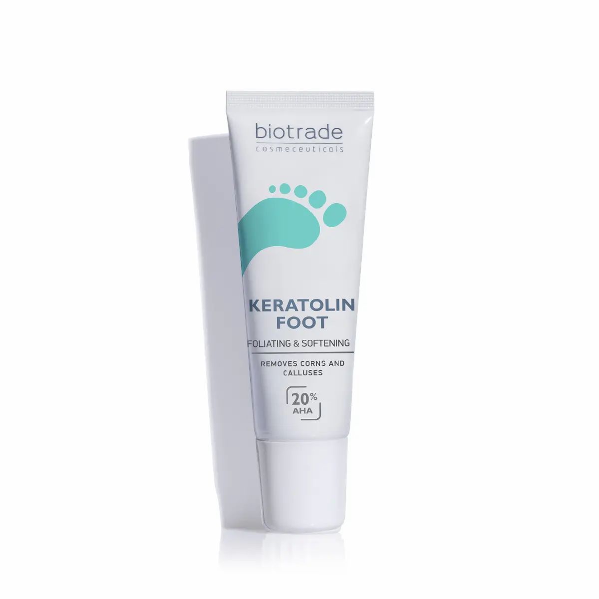 Tube blanc avec texte. Inscription: Keratolin Foot, symbole d'empreinte de pied, 20% AHA. Marque: Biotrade.