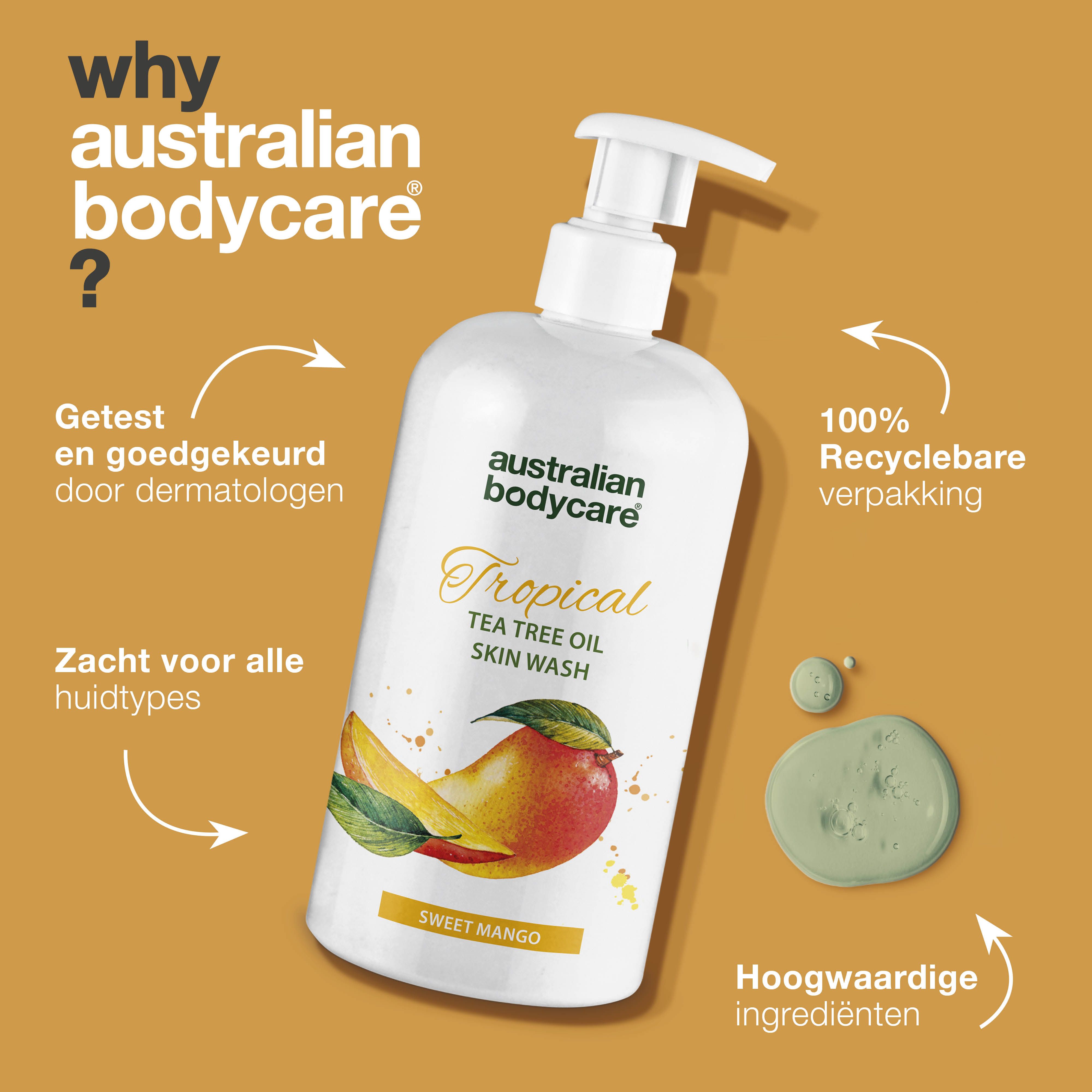 Productfles met tekst: Australian Bodycare, Tropical, Tea Tree Oil Skin Wash, Sweet Mango. Tekst: 100% Recyclebare verpakking.