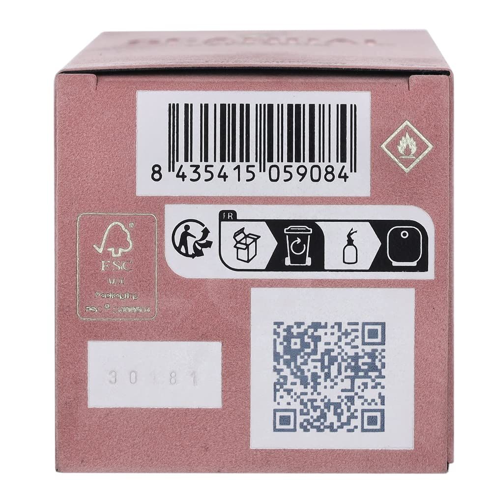 Dos d'une boîte rose. Code-barres, pictogrammes et code QR. Inscription "FR".