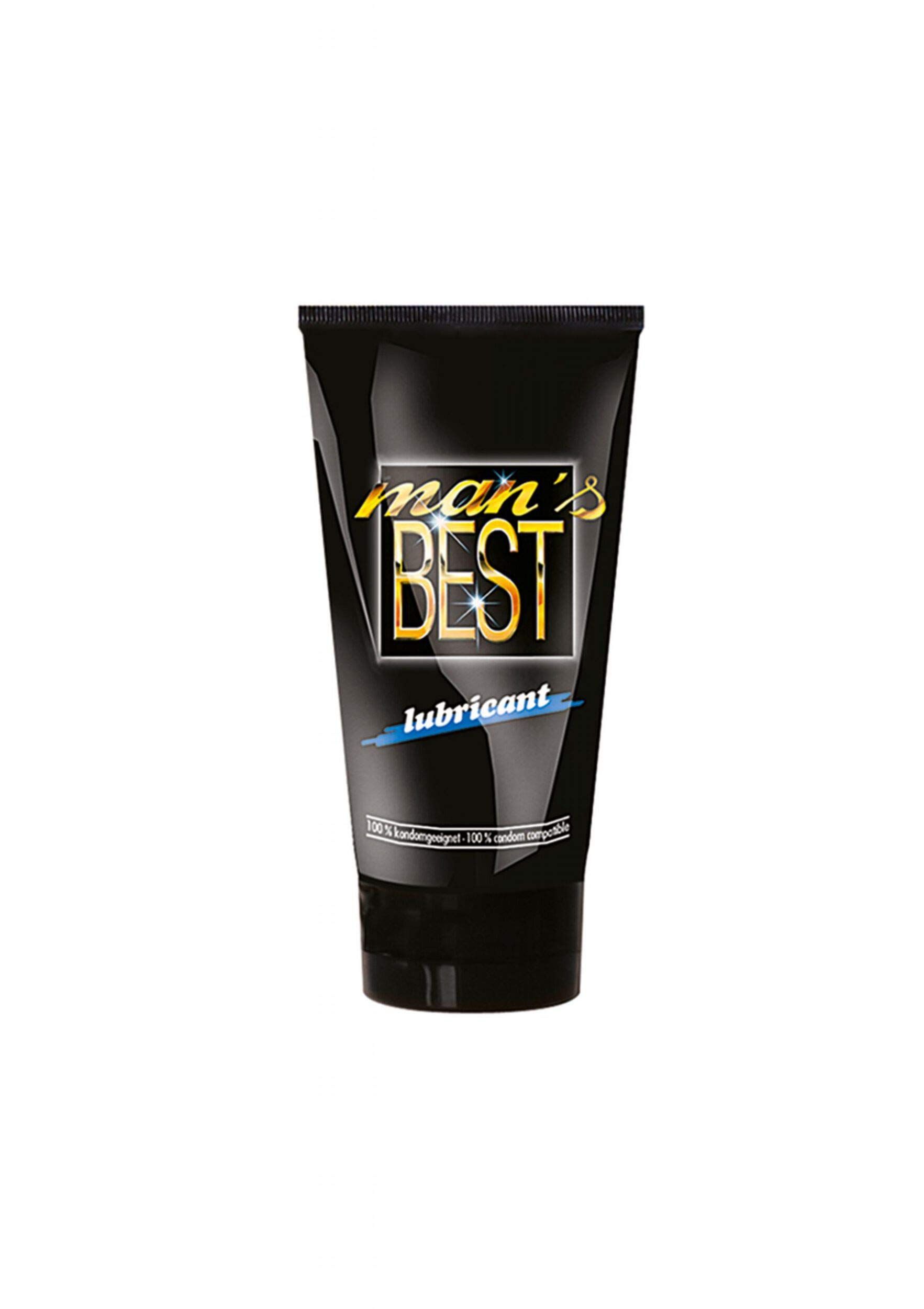Zwarte tube met opschrift 'man's BEST lubricant'.