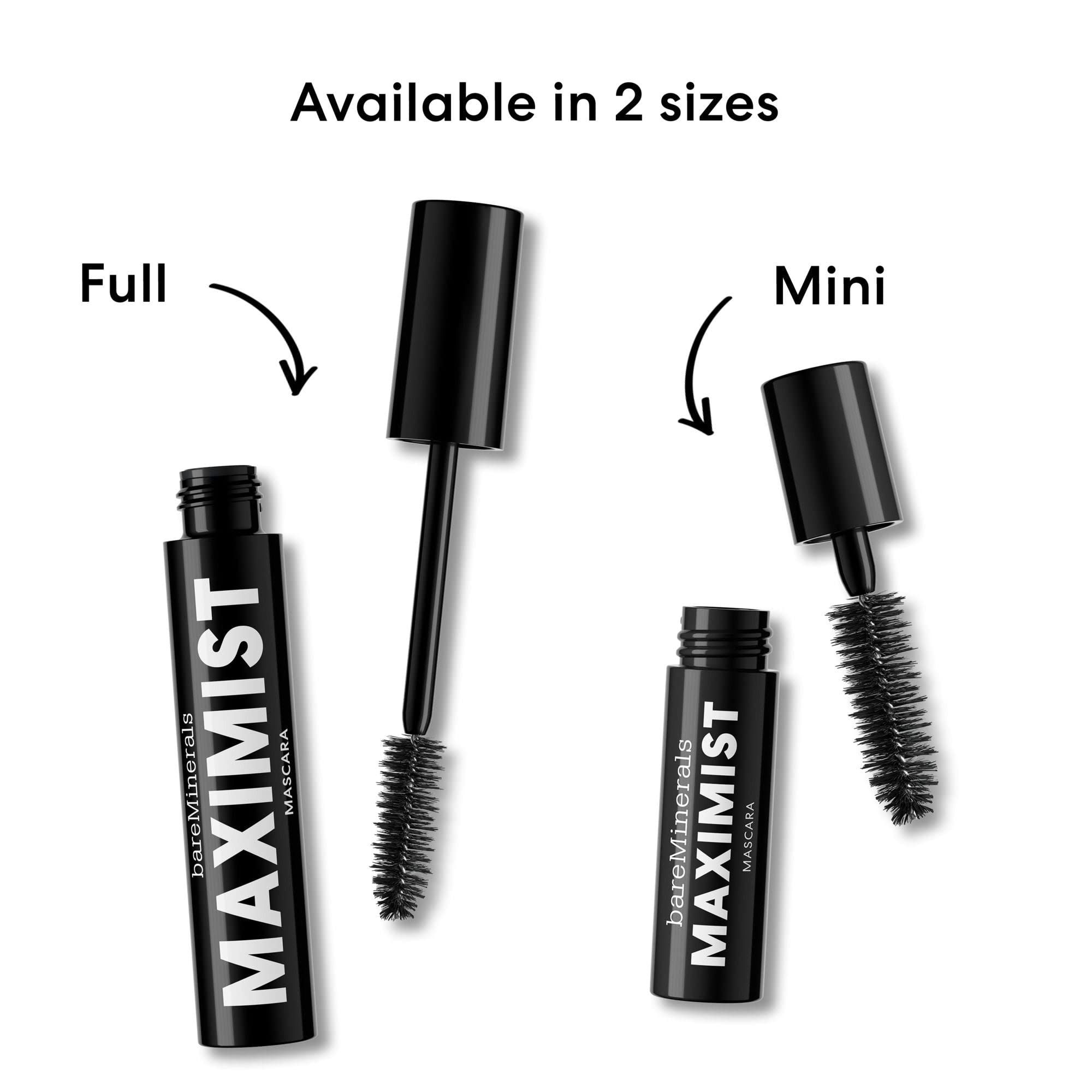 Deux tailles de mascara : Full et Mini. Les deux avec tube noir et lettrage MAXIMIST. Marque BareMinerals.