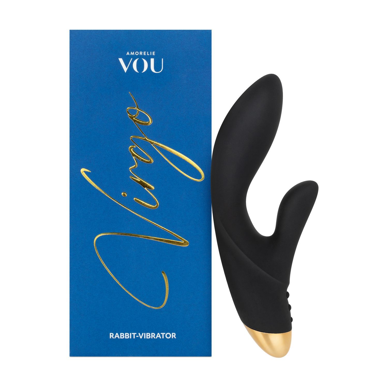 Vibrateur lapin noir à côté de son emballage bleu avec l'inscription dorée 'Virgo'.