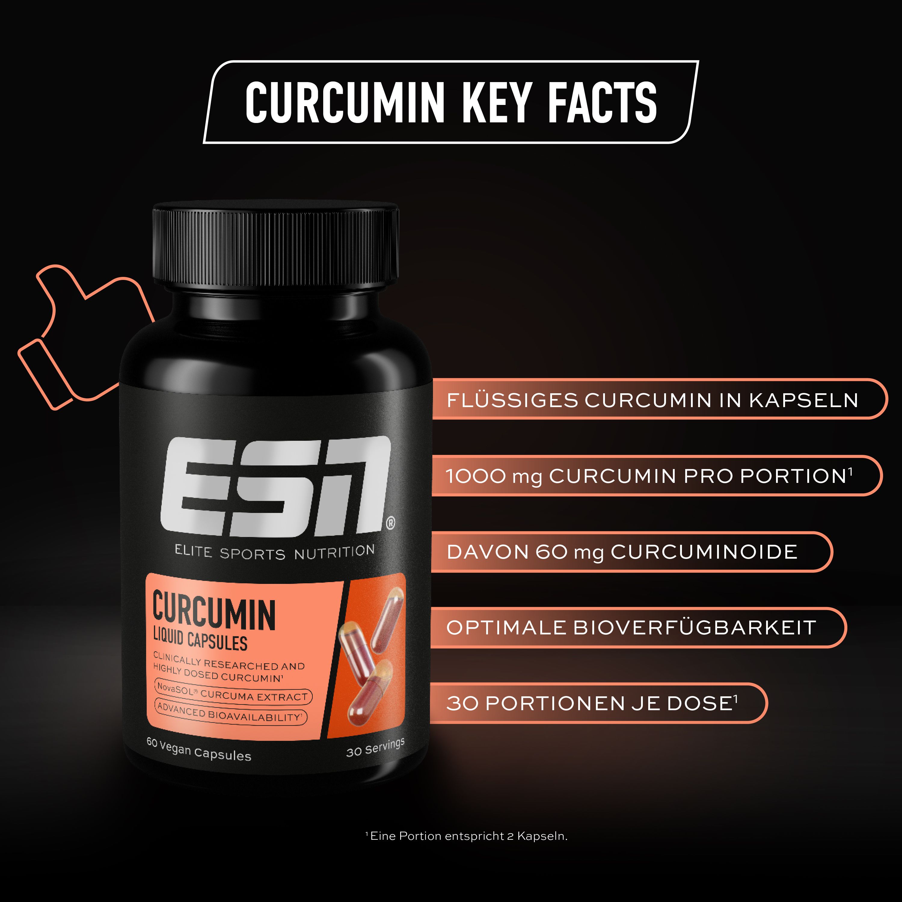 Fles met capsules. Tekst: Vloeibare curcumine in capsules, 1000 mg curcumine per portie, 60 mg curcuminoïden, 30 porties. Merk: ESN.