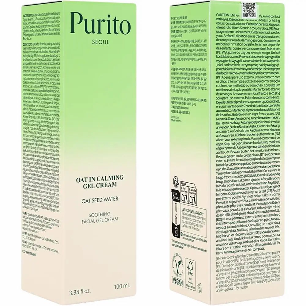 Emballage vert. Logo PURITO. OAT IN CALMING GEL CREAM. 100 ml. Informations sur le produit.
