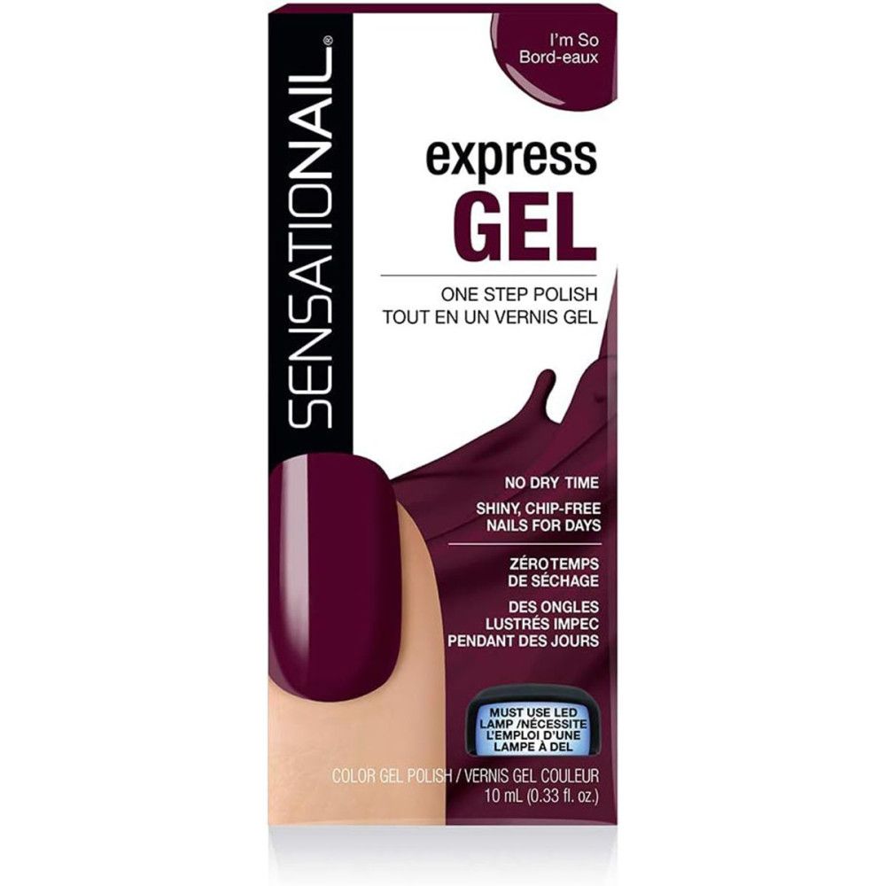 Emballage de vernis à ongles Sensationail Express-Gel. Montre un échantillon d'ongle verni en rouge foncé.