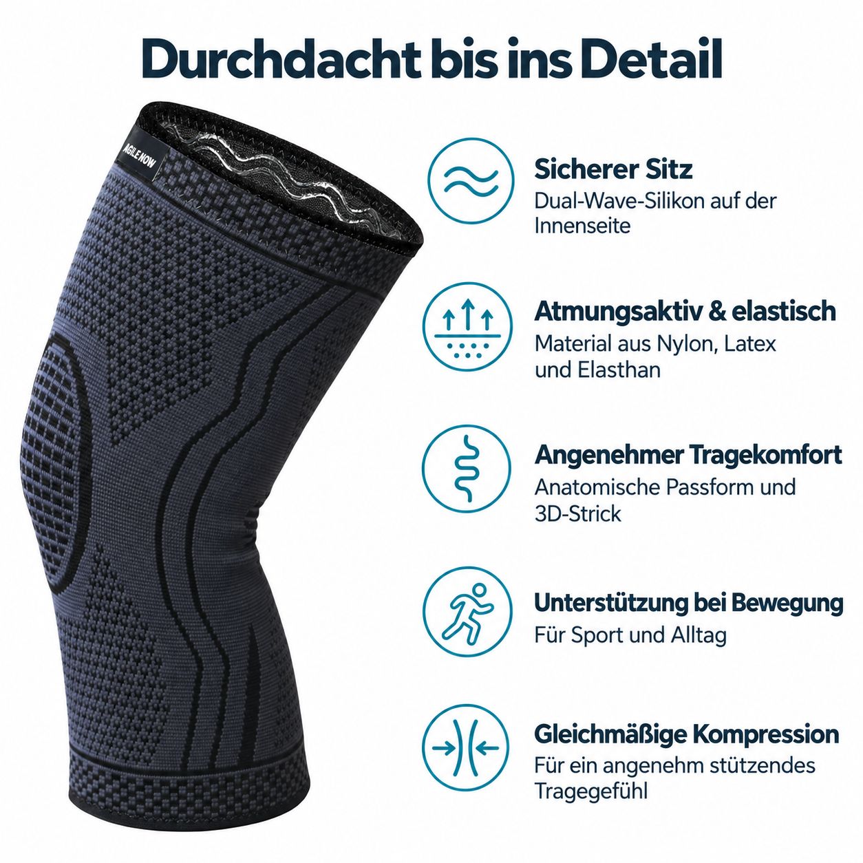 AGILE NOW Kniebandage Performance Up: ademend, elastisch, 3D-breiwerk, met siliconen binnenzijde voor stevige pasvorm.