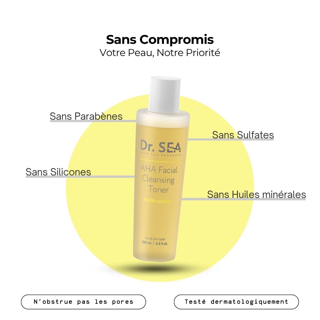 Dr. SEA AHA Facial Cleansing Toner. Bouteille de liquide jaune. Texte : AHA Facial Cleansing Toner. Ingrédients : acide lactique, glycolique, extrait de persil.