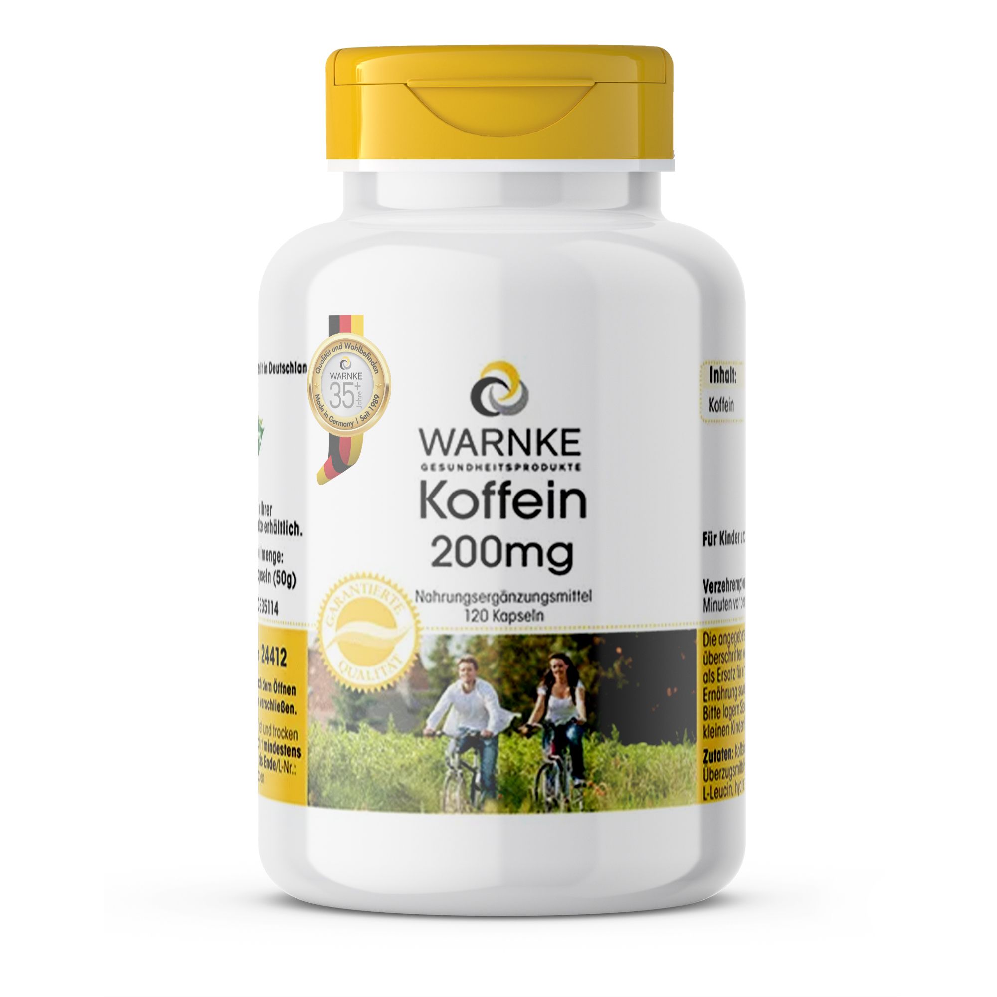 Witte fles met gele dop. Opschrift: Warnke Koffein 200mg. Voedingssupplement. 120 capsules. Met certificeringen.