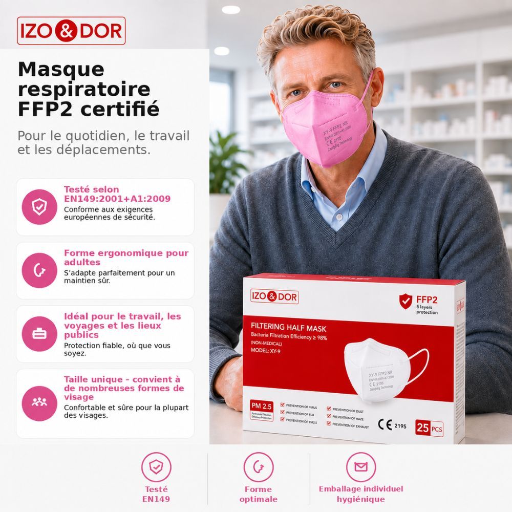 Masque FFP2 rose avec certification CE et filtration 5 couches.