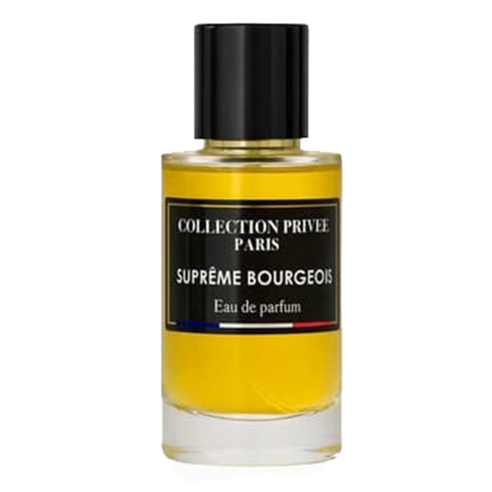 Parfumfles met zwarte dop. Label met tekst: Collection Privée Paris, Suprême Bourgeois, Eau de parfum. Franse vlag.