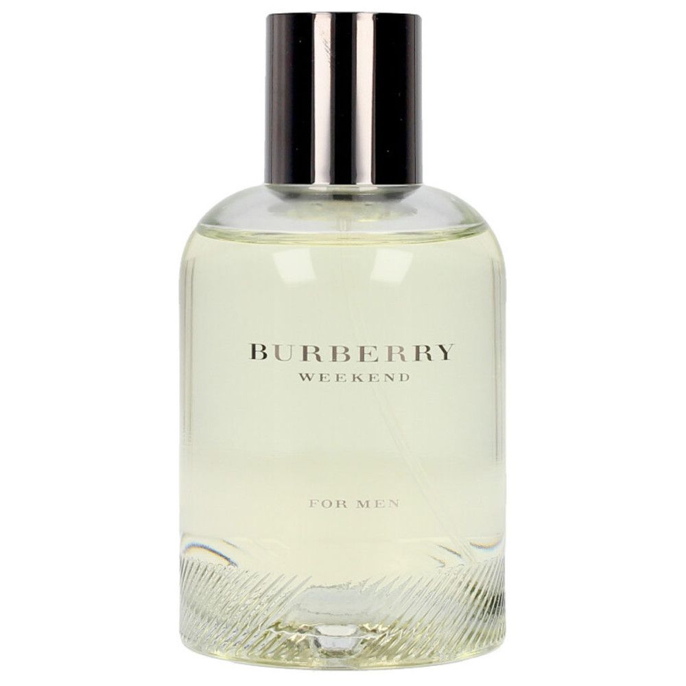 Burberry Weekend Eau de Toilette voor mannen. Fles met zilveren dop. Opschrift: Burberry Weekend, For Men.