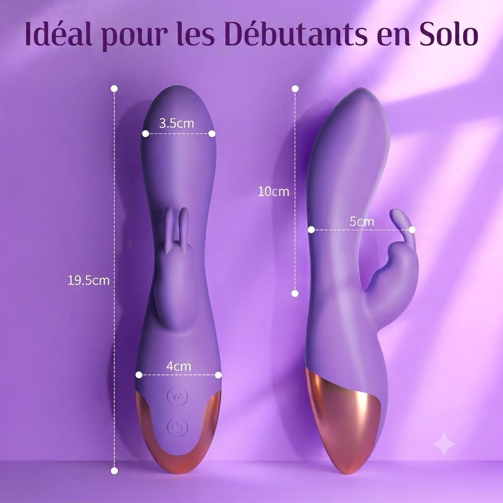 Vibrateur violet avec dimensions : 19,5 cm de long, 3,5 cm de large à la tête, 4 cm de large à la base. Deuxième appareil : 10 cm de long, 5 cm de large.