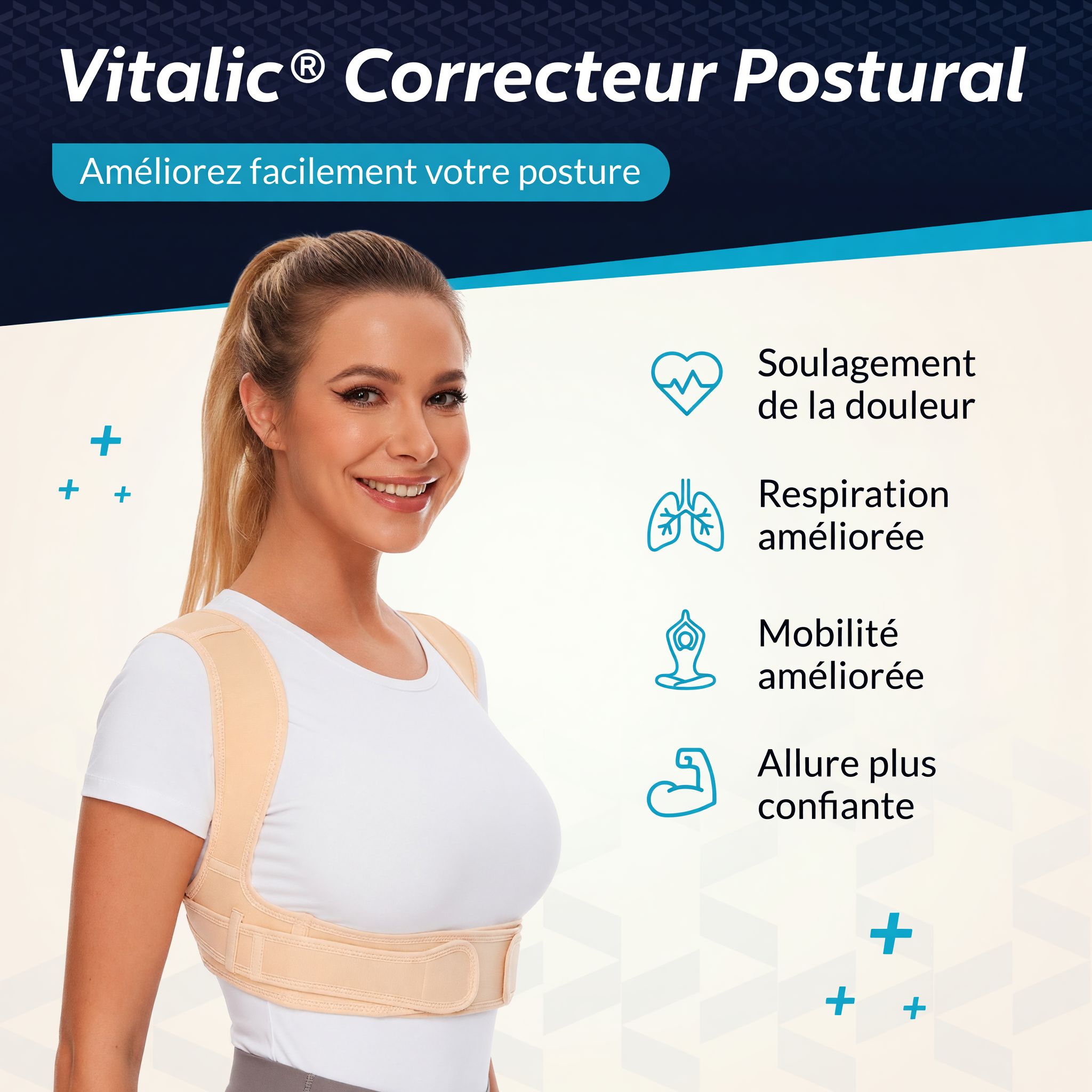 Beige houdingscorrector met schouderbanden. Vrouw draagt de corrector. Tekst: VITALIC Corrector Postural.