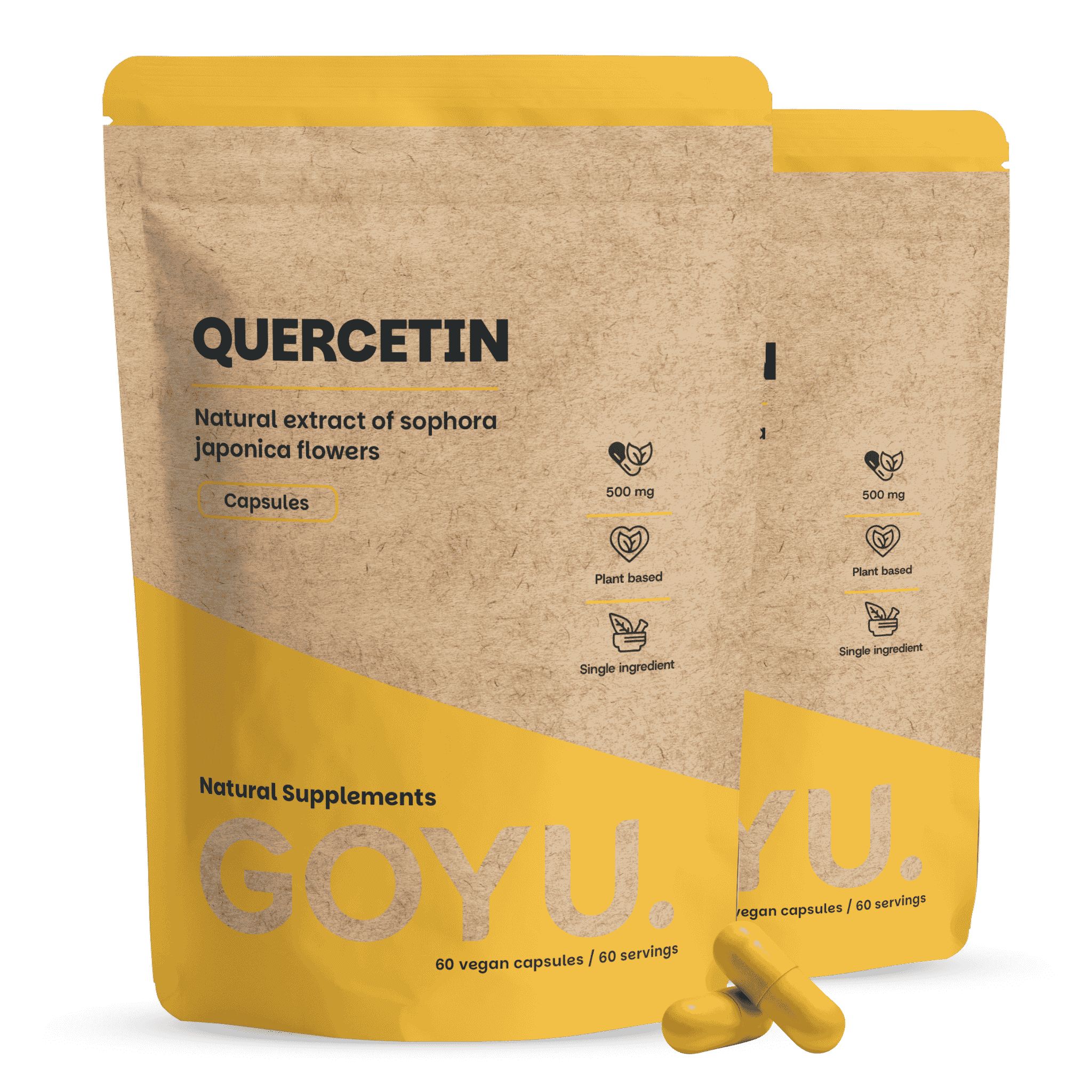 Deux sachets marron de capsules de quercétine, 500 mg, végétal, ingrédient unique.