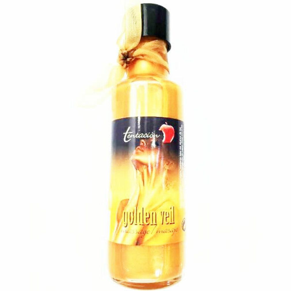 Trois bouteilles d'huile de massage dorée avec bouchons noirs et nœuds. Étiquettes montrant femme et pomme.