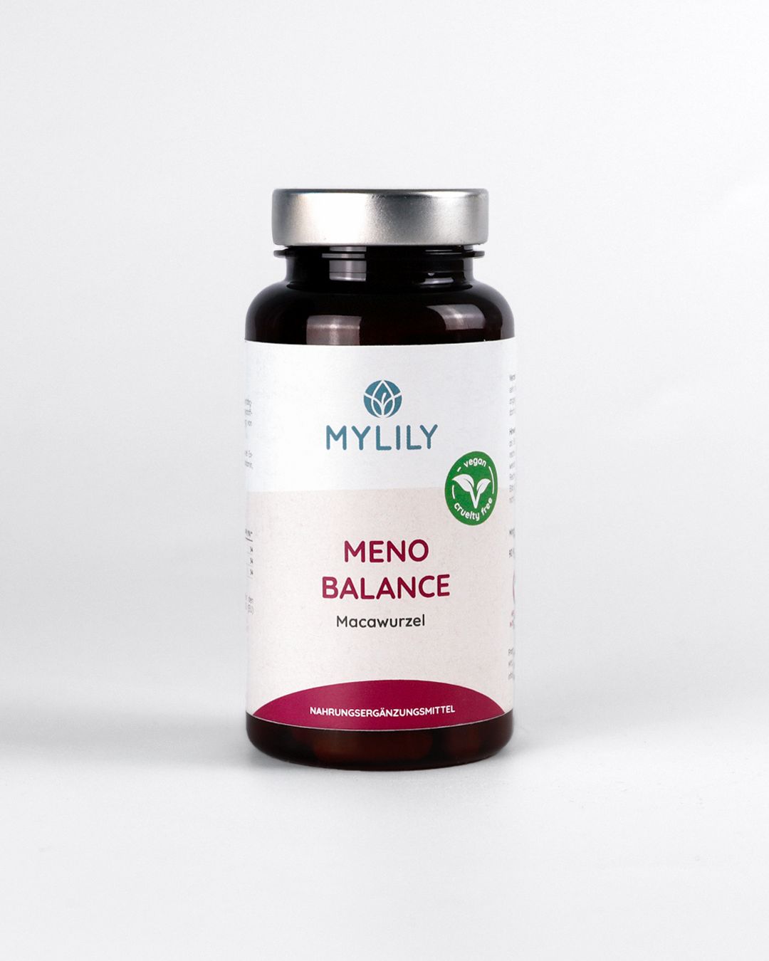 Flacon en verre brun avec bouchon argenté, étiquette "MYLILY MENO BALANCE Macawurzel" et sceau vegan.
