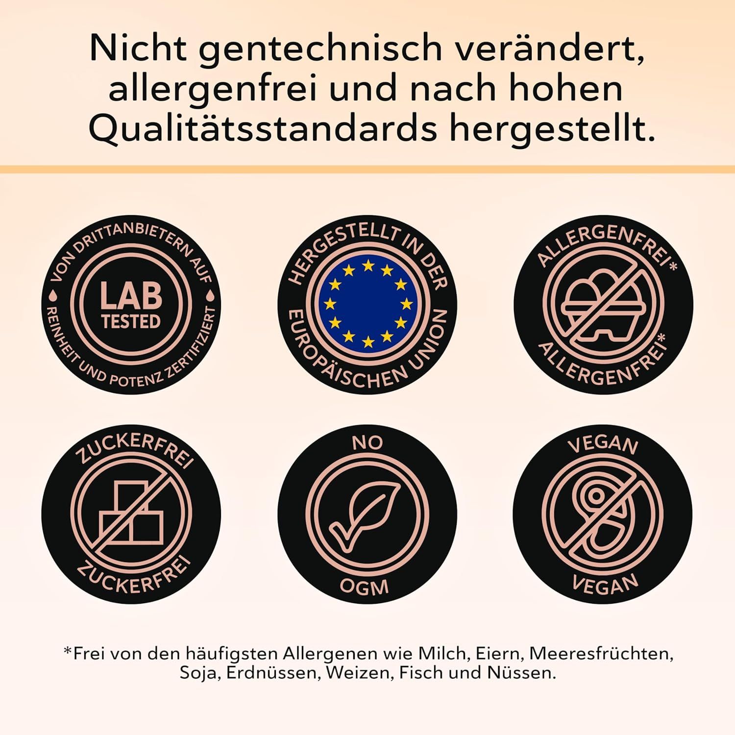 Keurmerken: Lab getest, Europese Unie, Allergeenvrij, Suikervrij, Geen OGM, Vegan.