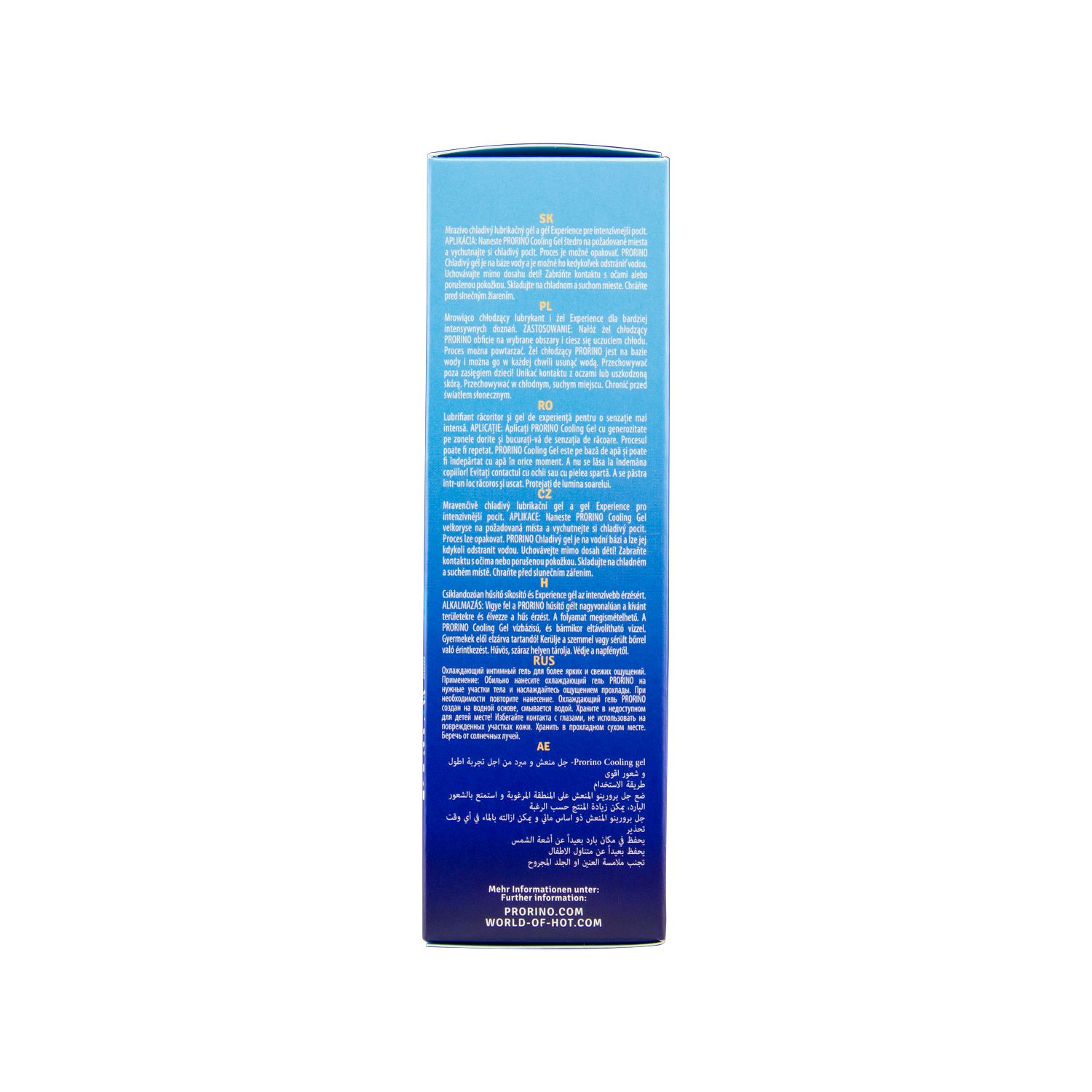 Dos de l'emballage. Texte en plusieurs langues. Informations sur le produit et le fabricant.