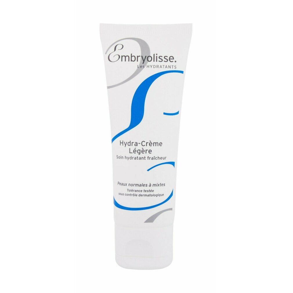 Witte tube met blauw en grijs design. Tekst: Embryolisse, Hydra-Crème Légère, Soin hydratant fraîcheur. Voor normale tot gemengde huid.