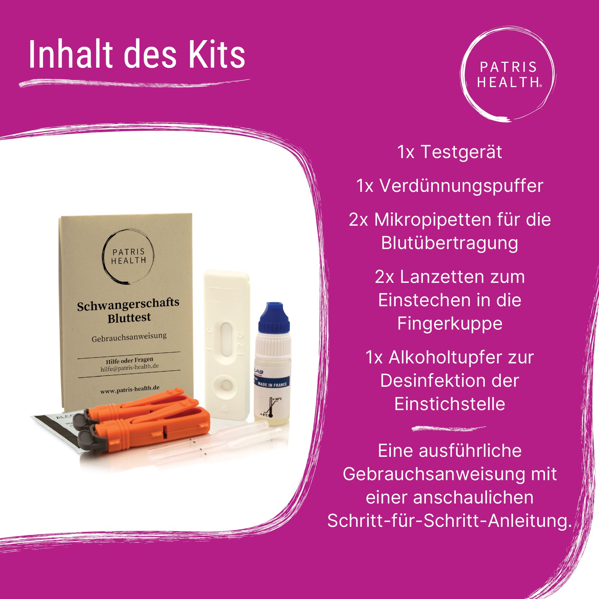 Inhoud van de zwangerschap bloedtest kit: testapparaat, verdunningsbuffer, micropipetten, lancetten, alcoholdoekje, instructies.