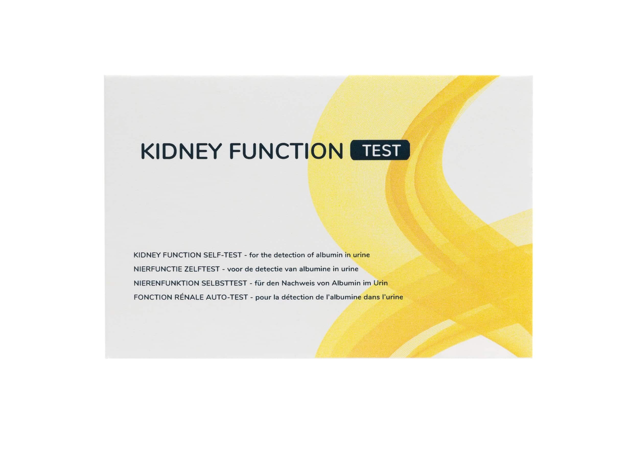 Emballage d'un test d'auto-diagnostic de la fonction rénale pour la détection d'albumine dans l'urine.