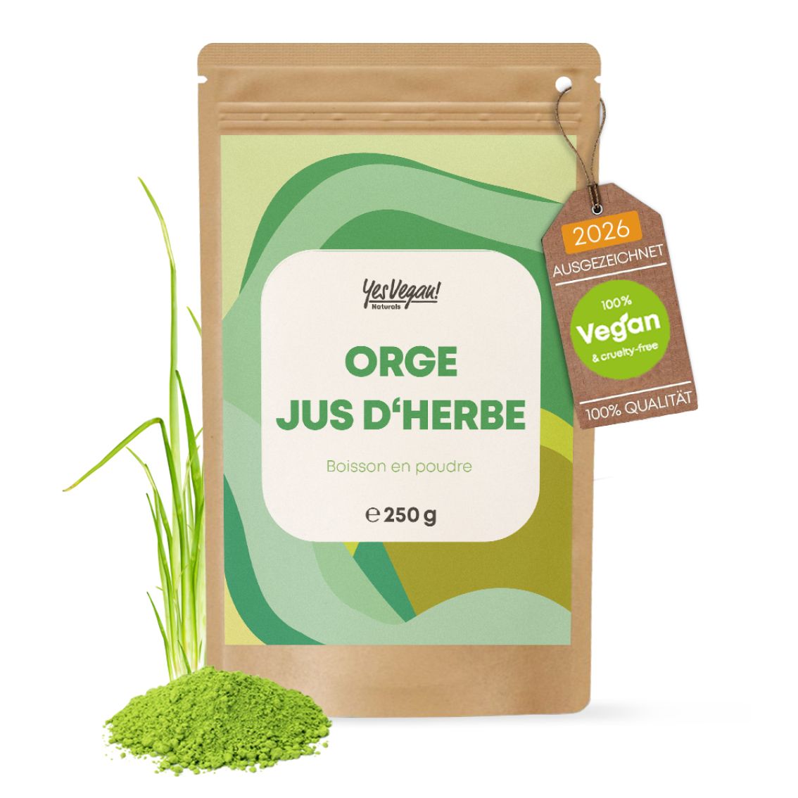Emballage "Orge Jus d'Herbe" avec sceaux et accompagnement.