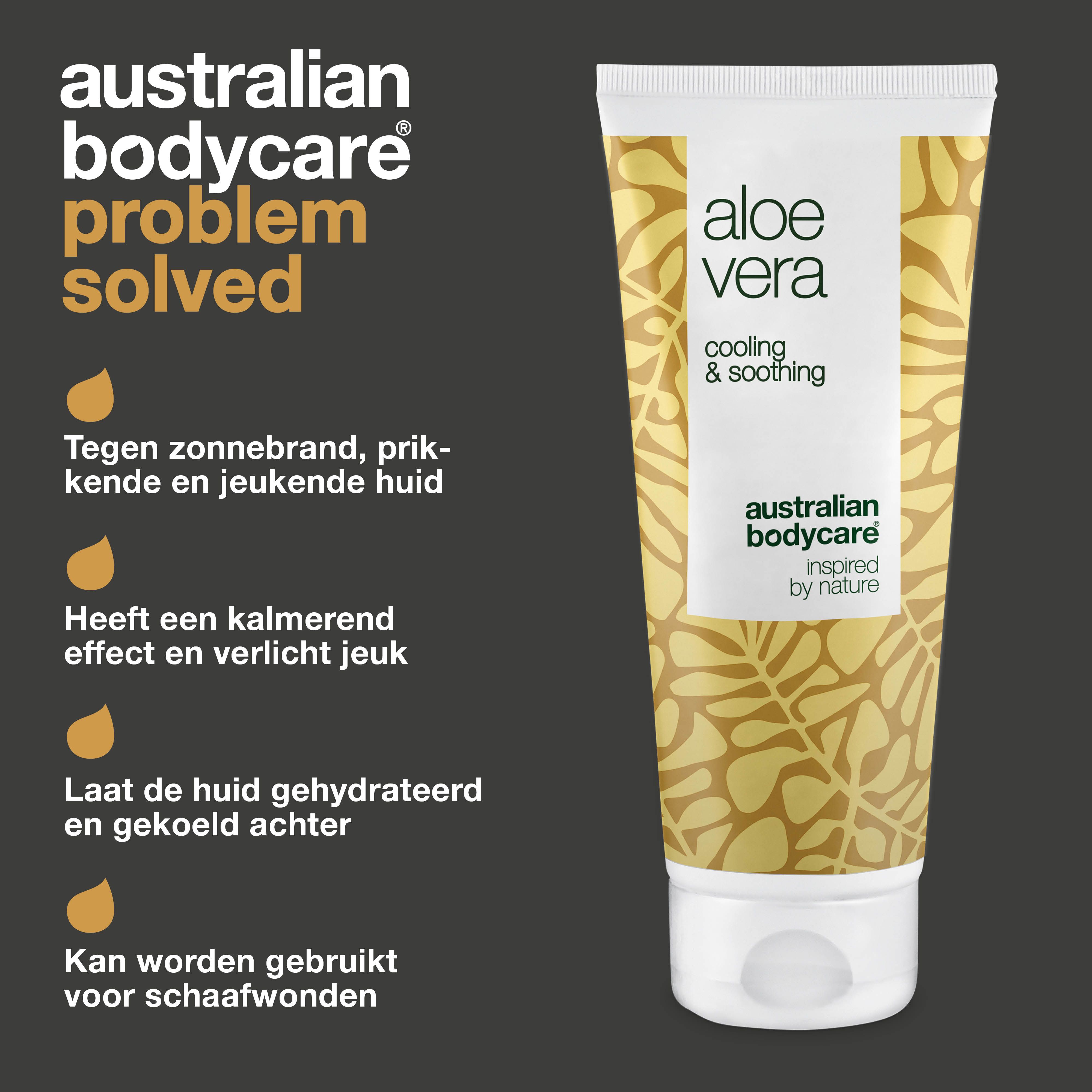 Aloë vera gel, tekst: cooling & soothing, Australian Bodycare. Voordelen: verzachtend, hydraterend.
