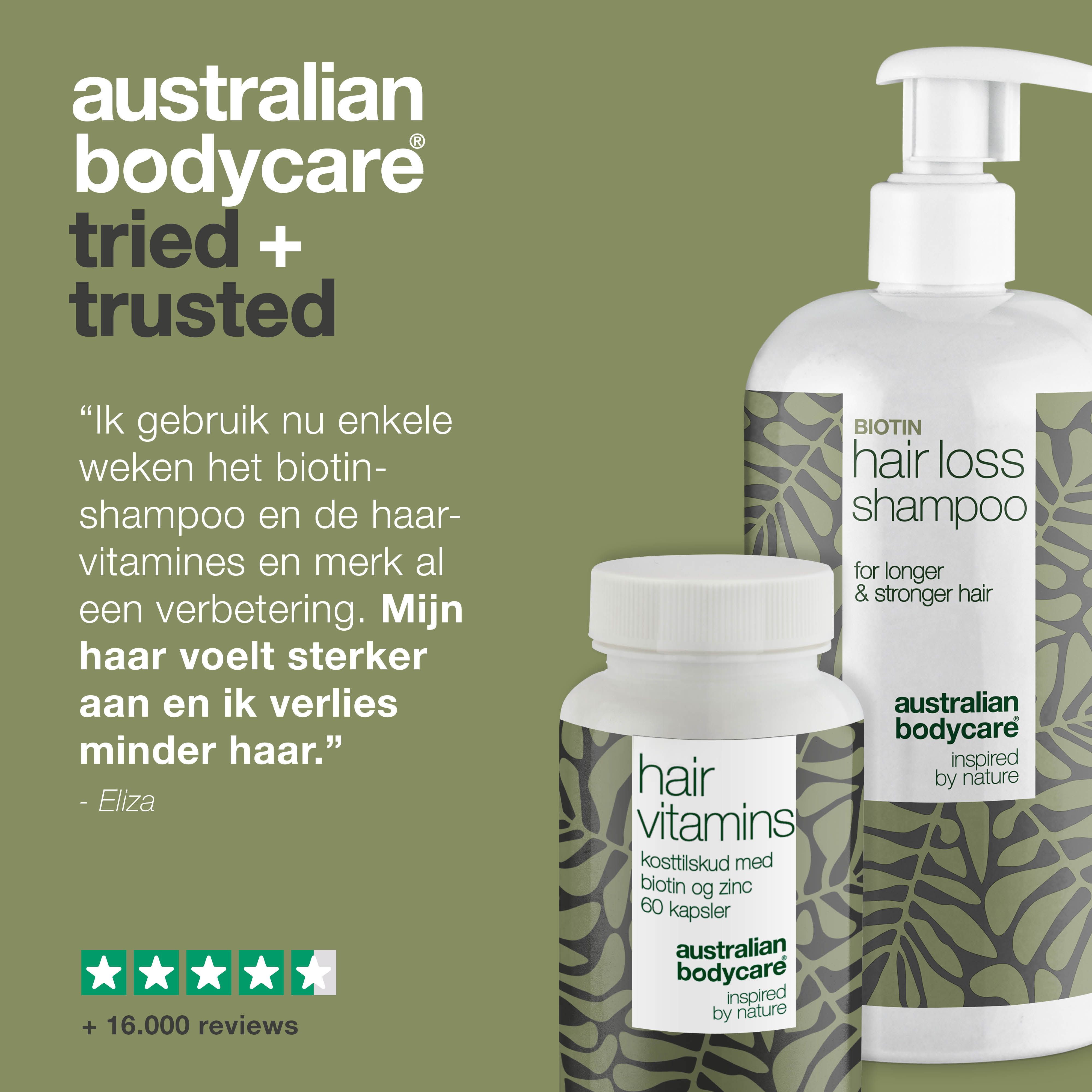 Shampoo- en vitamineflessen. Tekst: Hair Loss Shampoo, Hair Vitamins. Merk: Australian Bodycare. Citaat en sterren.