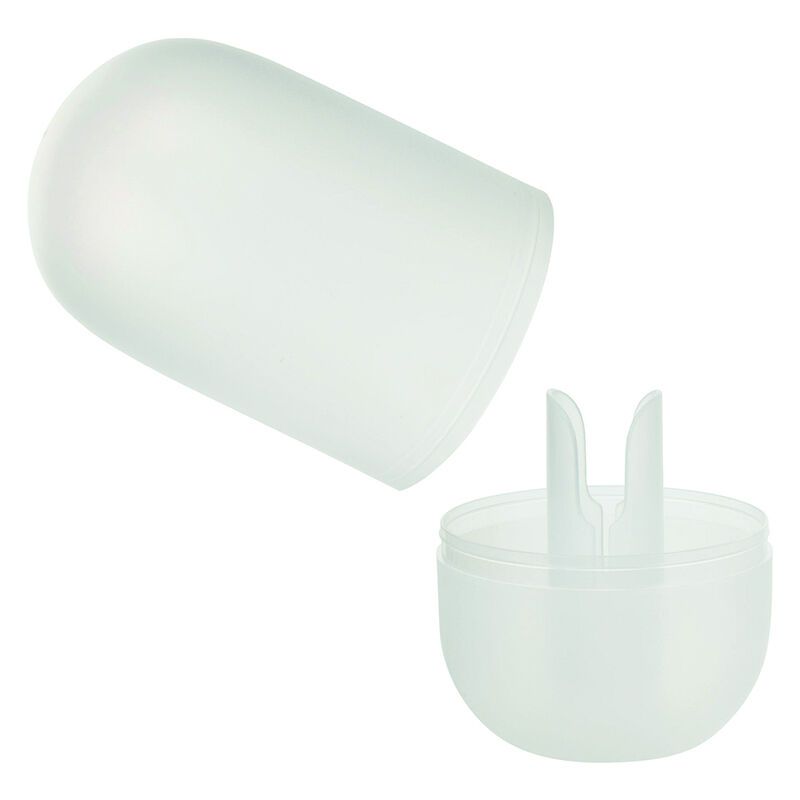 Un masturbateur transparent et son capuchon en deux parties servant de tickler.