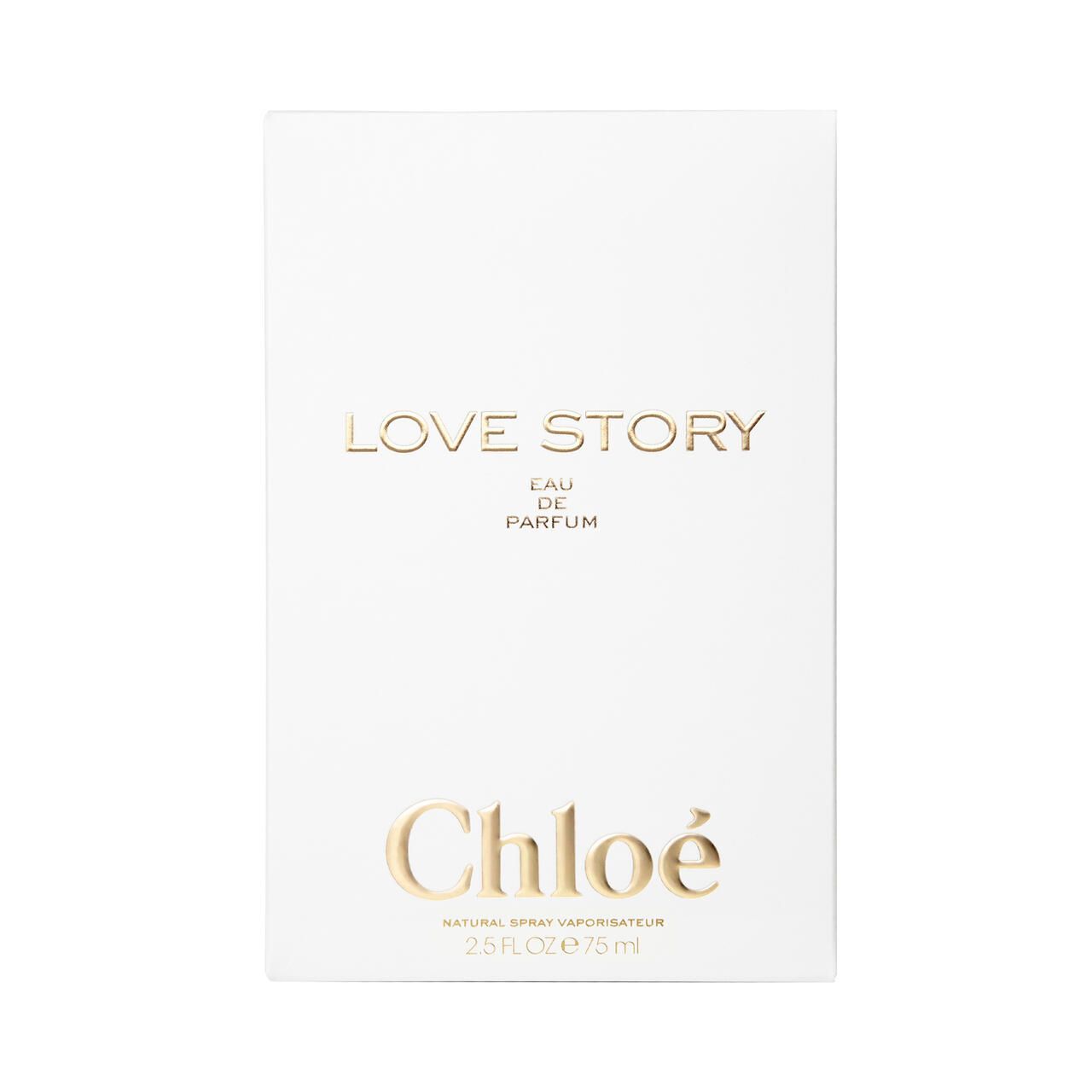 Boîte blanche avec texte doré. "Love Story" en haut, "Chloé" en dessous. "2.5 FL.OZ 75 ml" en bas.