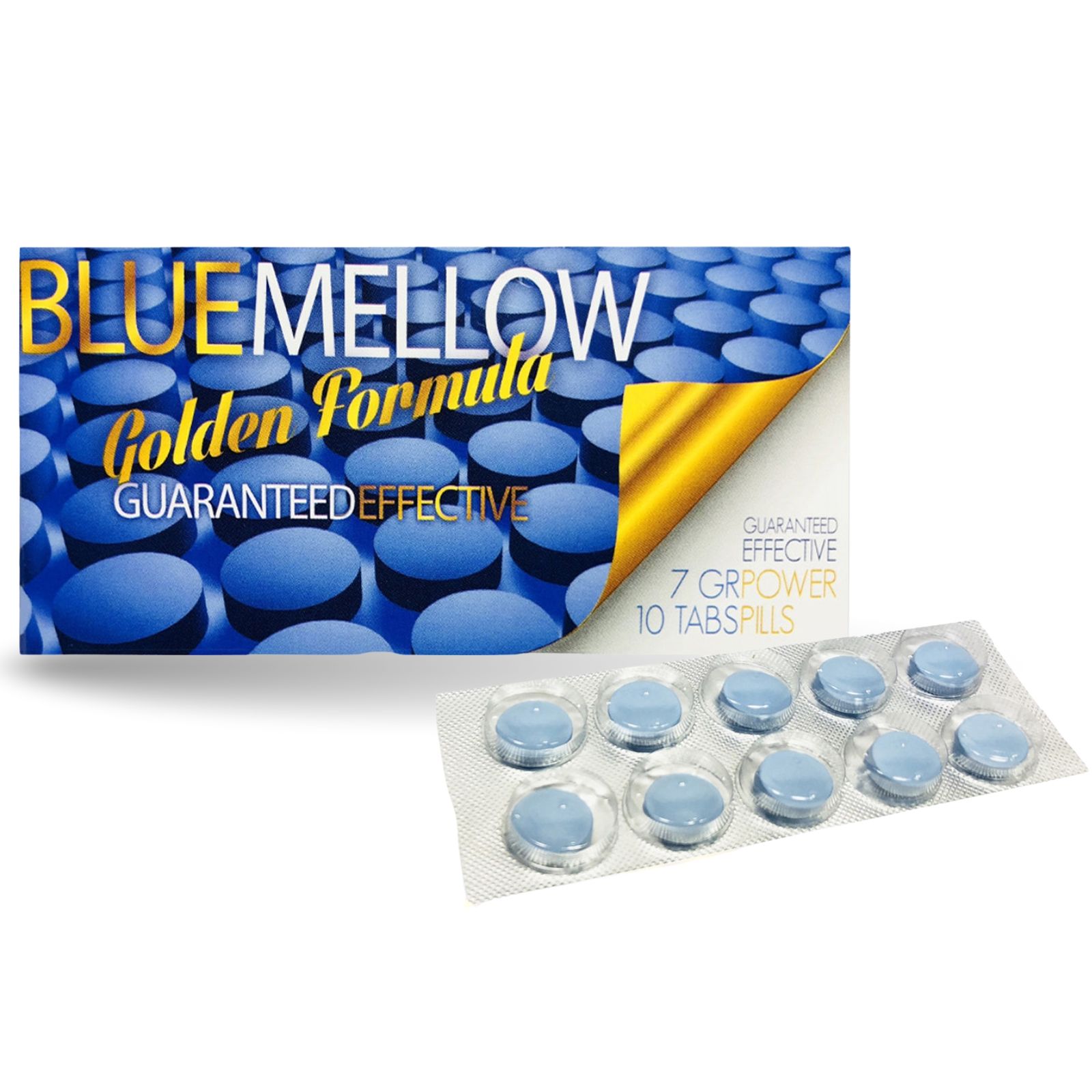 Blisterverpakking met blauwe tabletten. Opschrift: BLUE MELLOW Golden Formula. 7 GR POWER, 10 TABS/PILLS.