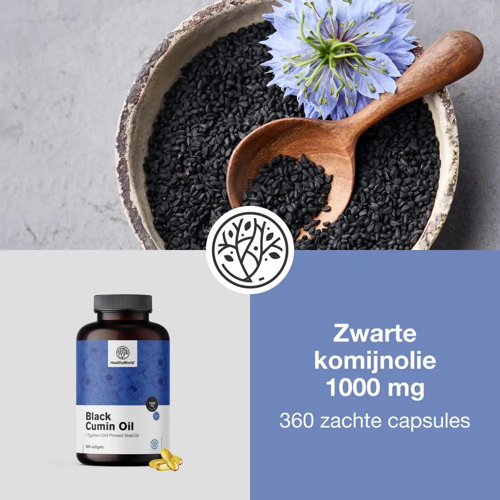 Productfles met capsules. Tekst: Zwarte komijnolie 1000 mg, 360 zachte capsules. Zwarte komijn, houten lepel, blauwe bloem.