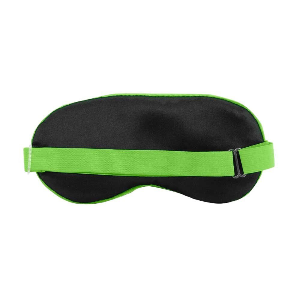 Zwart slaapmasker met groene rand en elastiek. Achteraanzicht.