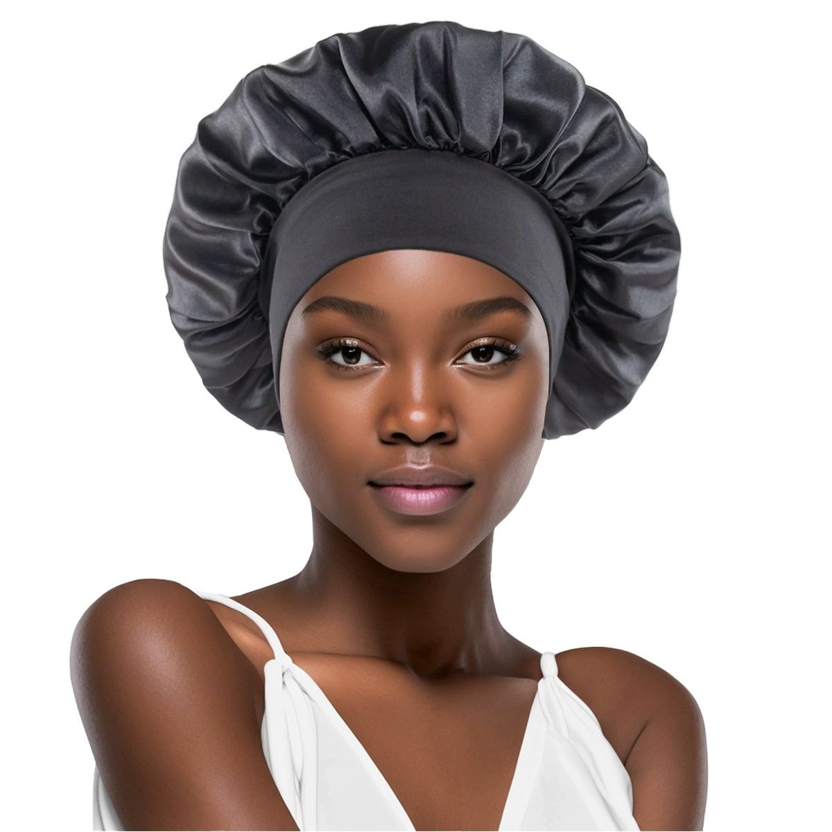Bonnet de nuit noir en satin avec large bande élastique.
