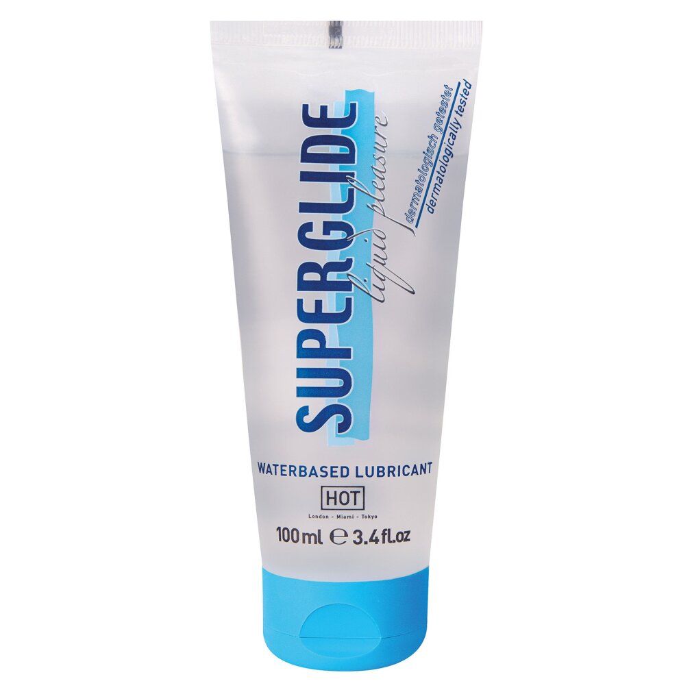 Tube transparent avec bouchon bleu. Inscription : SUPERGLIDE, waterbased lubricant, HOT. Testé dermatologiquement. 100ml.