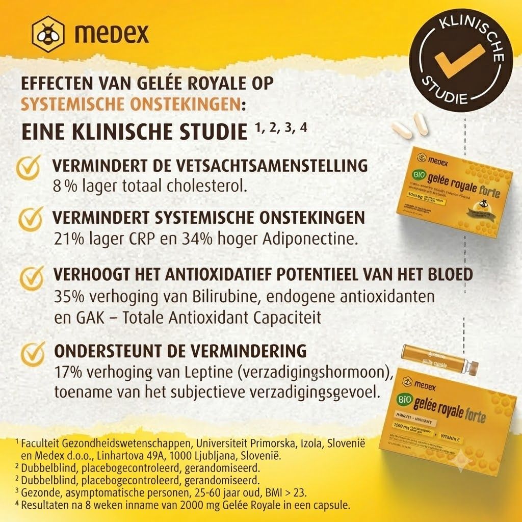 Medex Gelée Royale Forte doos met 10 ampullen, één losse ampul ernaast.